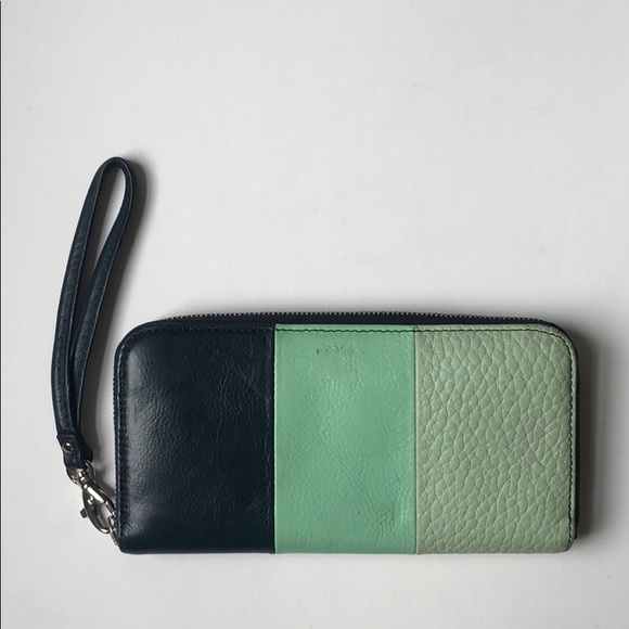 Fossil Handbags - Fossil Blue Green Color Block Leather Zip Wallet